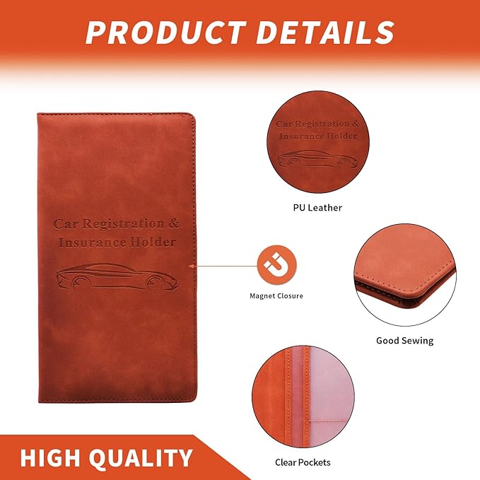 Car Registration and Insurance Card Holder - Vehicle Glove Box Document Organizer - Premium PU Leather Wallet Case - Driver License - Coffee