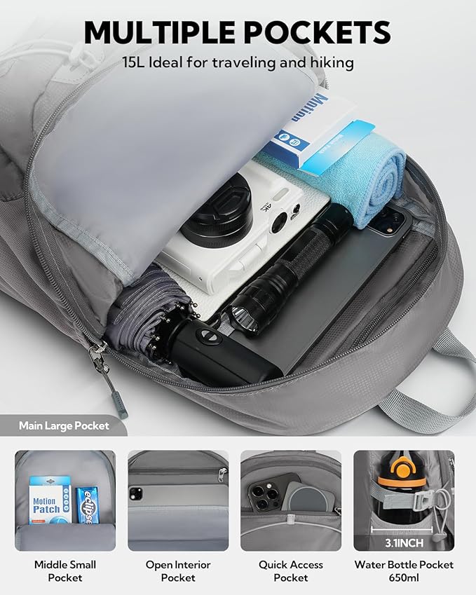 WATERFLY Small Lightweight Packable Backpack: 15L Mini Ultra Light Foldable Travel Daypack with Breathable Shoulder Strap Outdoor Hiking Camping Day Pack for Women Men Gray