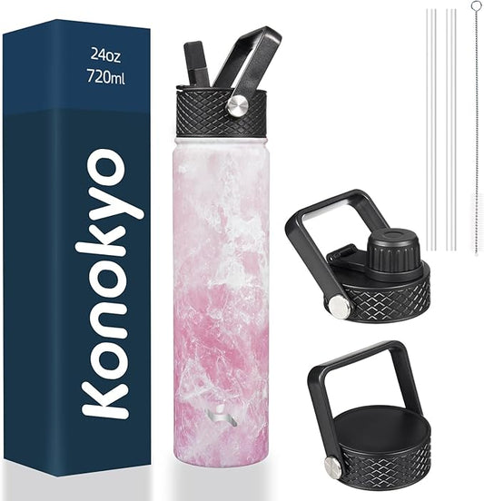Insulated Water Bottle 24oz Stainless Steel Sport Bottles with 3 Lids,Marble Blossom