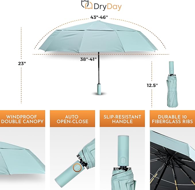 DryDay Travel Umbrellas for Rain - Large Windproof Double Canopy Umbrella, 10 Durable Ribs, Strong Frame, Auto Open Close Ergonomic Handle, Compact Waterproof Umbrella for Women & Men