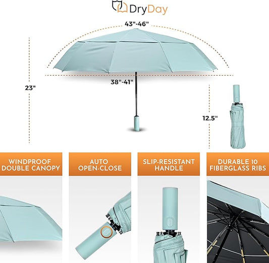 DryDay Travel Umbrellas for Rain - Large Windproof Double Canopy Umbrella, 10 Durable Ribs, Strong Frame, Auto Open Close Ergonomic Handle, Compact Waterproof Umbrella for Women & Men
