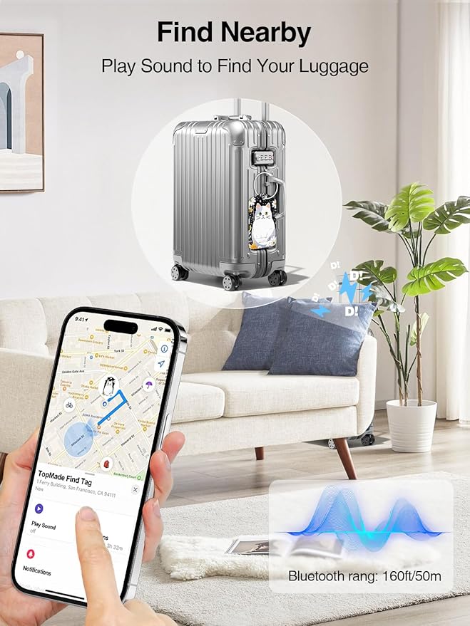 TopMade Smart Luggage Tag with Apple Find My, Premium Leather Luggage Tags for Suitcase, Travel Bags, Backpacks, Anti-Lost Suitcase Tag Tracker for Travel with Privacy Name Card, Rechargeable