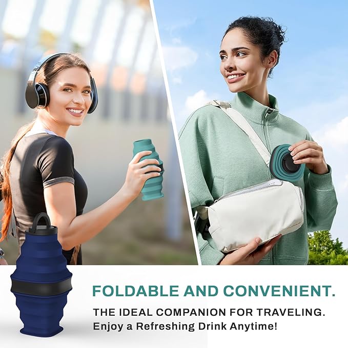 Collapsible Water Bottles,600ml BPA Free Reusable Lightweight LeakProof Silicone Foldable Water Bottle for Travel Hiking Camping Sports,Collapses to 1.5” & anti-Collapse Ring,Dark Green