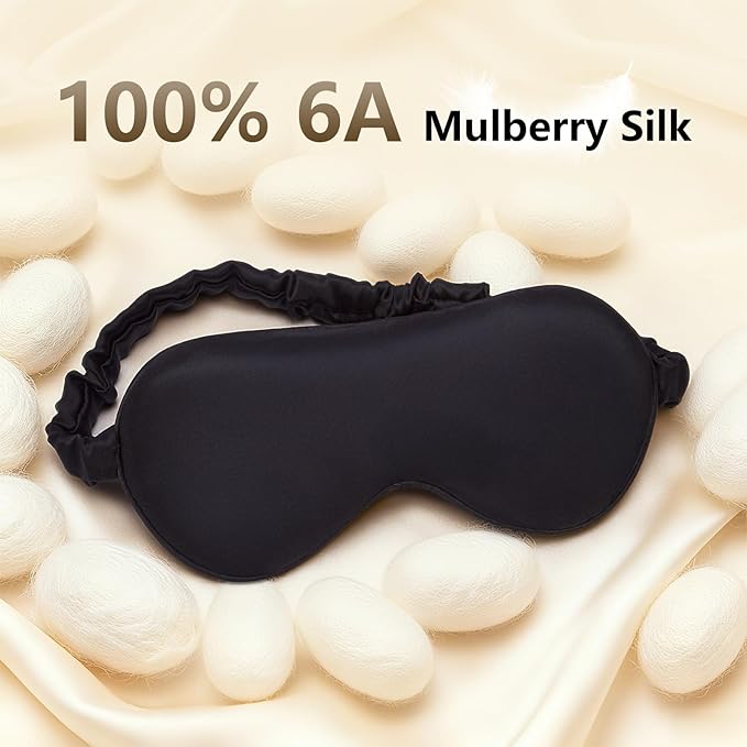 100% Pure 6A Mulberry Black Silk Sleep Mask for Women and Men, Adjustable Blackout Eye Cover, Breathable Travel Eye Mask for Sleeping, Zero Pressure Comfort