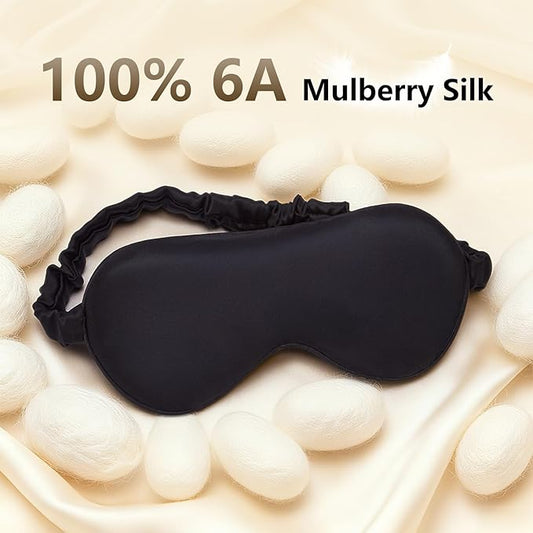 100% Pure 6A Mulberry Black Silk Sleep Mask for Women and Men, Adjustable Blackout Eye Cover, Breathable Travel Eye Mask for Sleeping, Zero Pressure Comfort