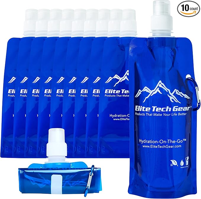 Elite Screens Collapsible Water Bottles - 10-Pack, 16.9 oz, Blue - Foldable & Reusable Water Bottle with Carabiner Strap for Hiking, Camping & Cycling - Long Flight Must-Haves & Theme Park Essentials