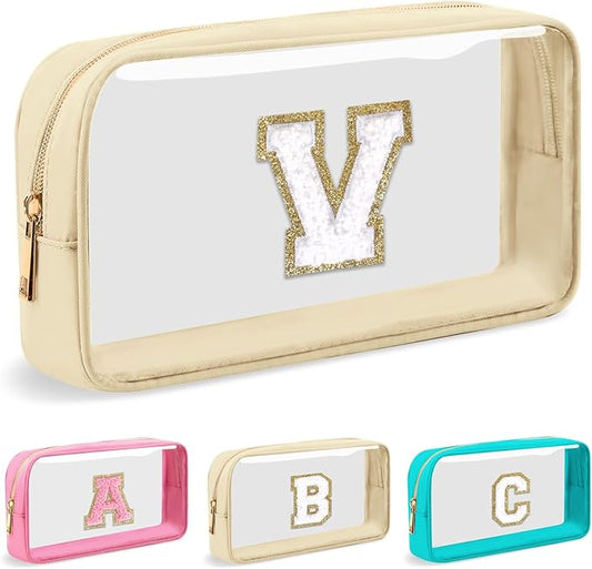 Personalized Initial Letter Clear Makeup Bag,Preppy Small Nylon&PVC Cosmetic Zipper Bag with Chenille Letter,Portable Beach Travel Skincare Toiletry Bag,Trendy Monogram Gift for Teen Girls Women,V