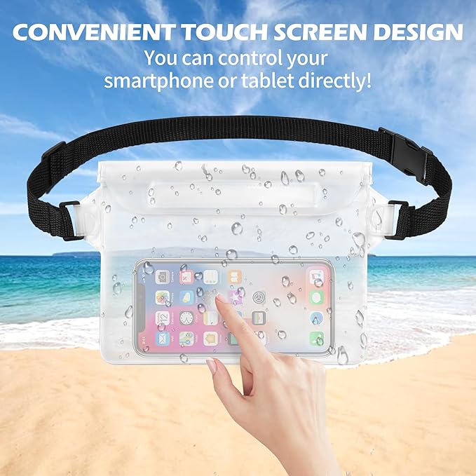 2-Pack Waterproof Pouch with Adjustable Waist Strap, Waterproof Dry Bag, Keeps Cell Phones and Valuables Safe and Dry, Perfect for Kayaking, Beach, Camping and Swimming (White)