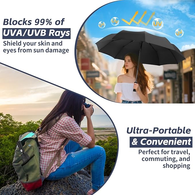 Satol Compact Umbrellas Automatic Open/Close, 46 Inch Windproof Travel Umbrellas, 10-Rib Umbrella for Rain, UPF 50+ UV Protection Sturdy Folding Umbrella