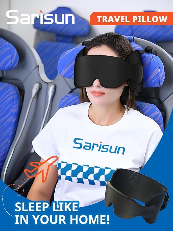 Travel Pillow for Airplanes, Ultra-Thin Breathable Airplane Pillow Alternative, Airplane Head Strap with 3D Sleep Eye Mask, 360° Support for Long Flight, Work for Seats with Headrest, Black