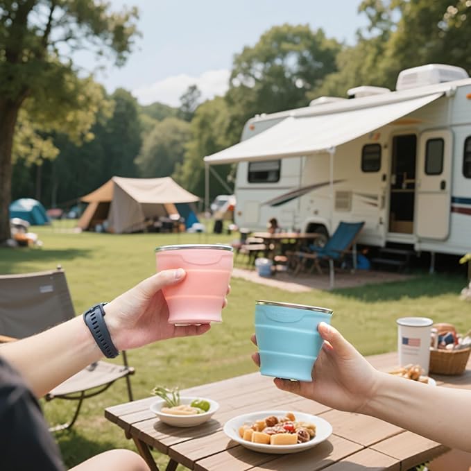 TakeToday 2PCS Collapsible Travel Cup - Silicone Foldable Water Cup, BPA-Free with Lid & Waterproof Bag - Drinking Cup Set for Camping, Outdoors & International Travel（8 Oz, Blue& Green）