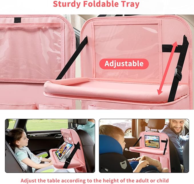 Etre Jeune Car Backseat Organizer with Tray, Seat Back Table Holder with 6 Storage Pockets, Car Seat Back Protectors Kick Mats Travel Accessories, 2 Pack Pink