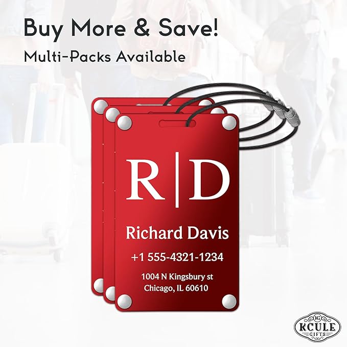 Personalized Luggage Tags for Suitcases - Monogram Style Aluminum Custom Luggage Tags for Backpacks & Bags, Sturdy, Waterproof & Heavy Duty (Red/Card-Sized)