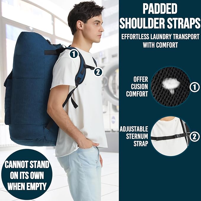 Laundry Backpack Heavy Duty, 115L Extra Large Laundry Bag with Straps, Dorm Room Essential for Guys, Backpack Laundry Bags with 4 Pockets, Laundry Hamper Bags for College Dorm, Apartment, Laundromat