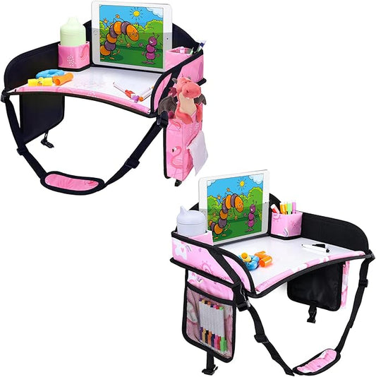WENRENER 2PCS Kids Travel Tray, Car Seat Tray for kids Travel, Toddler Road Trip Essentials With Drawing Kit, Toddler Lap Desk Organizer for Car, Carseat Table for Airplane