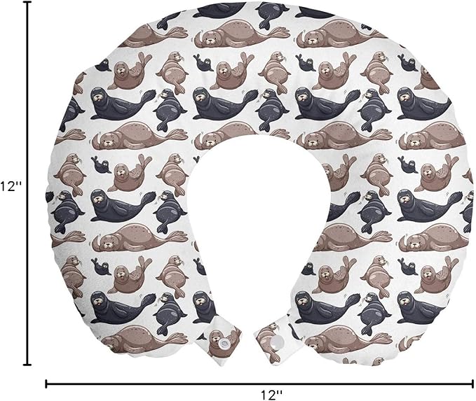Ambesonne Sea Animals Travel Pillow Neck Rest, Seals Illustration Sea Lion Exotic Tropical Comic Graphic Wild Ocean, Memory Foam Traveling Accessory for Airplane and Car, 12", Cadet Blue Mauve