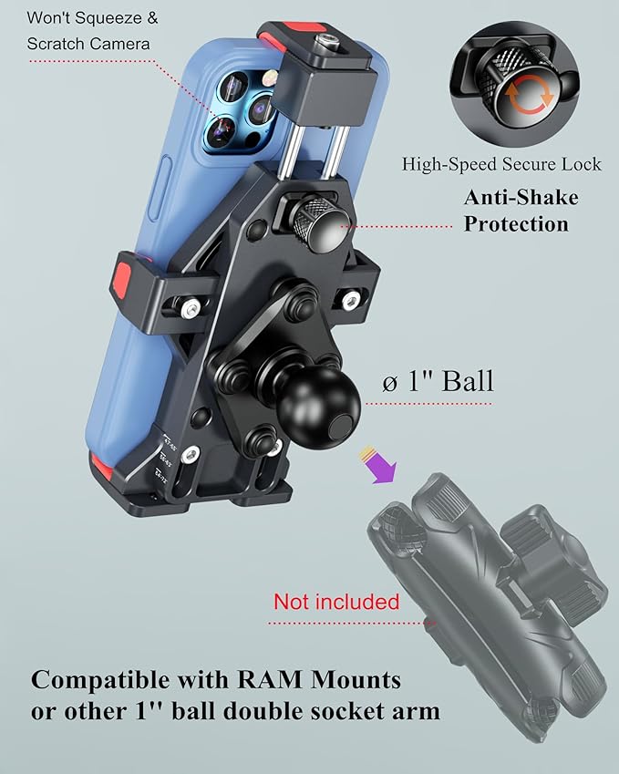 BRCOVAN 1'' Ball Aluminum Alloy Phone Mount Holder with Vibration Dampener, for Motorcycle ATV UTV Car Bike Boat Truck Scooter Fit for RAM Mounts B Size 1'' Ball Double Socket Arm, for 4.7-7.2'' Phone