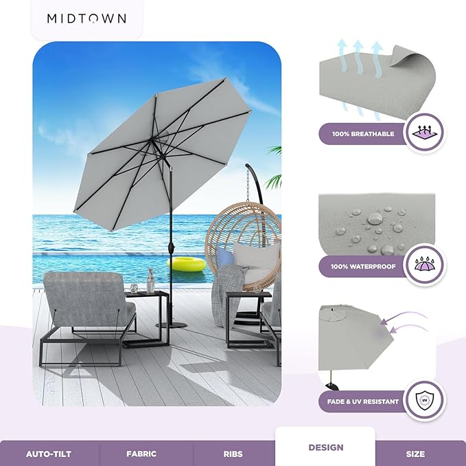 Midtown Umbrellas 10-Year-No-Fade - 6 Ft - UV Proof Grey Polyester Fabric - Umbrella Outdoor Patio, Auto-Tilt Aluminum Frame Large Patio Umbrella for Garden, Pool & Deck - Black Pole