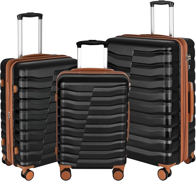 Lightweight Luggage with Spinner Wheels & YKK Zipper, 3-Piece Suitcase ABS+PC Hardside Hard Shell Luggage Set with TSA Lock, Black & Brown (20+24+28 inch)