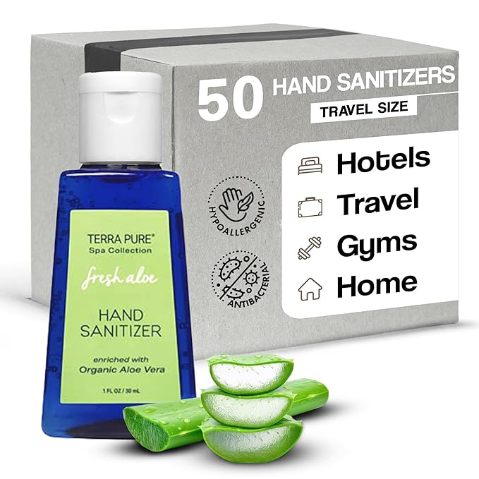 Terra Pure Hotel Hand Sanitizer Gel | Mini Hand Sanitizer Bulk | Alcohol-Free with Organic Aloe Vera | 1oz Bottles