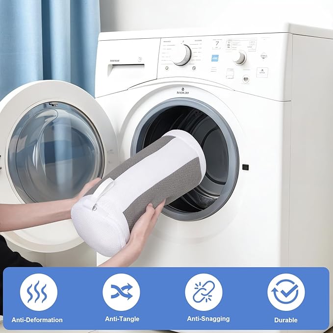 Shoe Washing Machine Bags, 2 PCS Reusable Grey+White Chenille Laundry Bags for Washing Machine, 360 Wrap-Around Clean Shoe Laundry Bags with Hidden Zipper