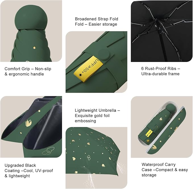 Compact Travel Umbrella - Mini Manual Umbrella for Purse, Windproof & UPF 50+ Sun & Rain Protection, Lightweight Portable Folding with Case for Women, Men，Kids