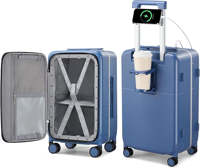 Hanke 24 Inch Luggage with Cup Holder and Charge,Top Opening Hard Shell Suitcases with Wheels and Dividers,Aluminum Frame Trunk Luggage Medium Checked Suitcase with Lock for Travel,Interstellar Blue