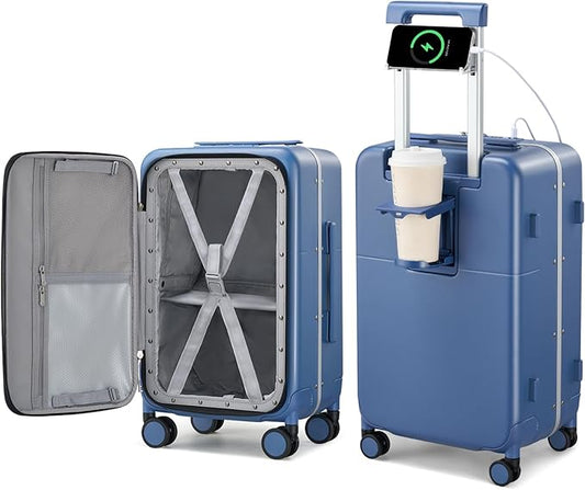 Hanke 24 Inch Luggage with Cup Holder and Charge,Top Opening Hard Shell Suitcases with Wheels and Dividers,Aluminum Frame Trunk Luggage Medium Checked Suitcase with Lock for Travel,Interstellar Blue