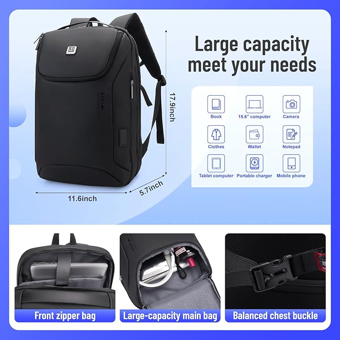 JODEBES Business Smart Backpack Waterproof fit 15.6 Inch Laptop Backpack with USB Charging Port and TSA lock,Travel Durable Backpack - Black