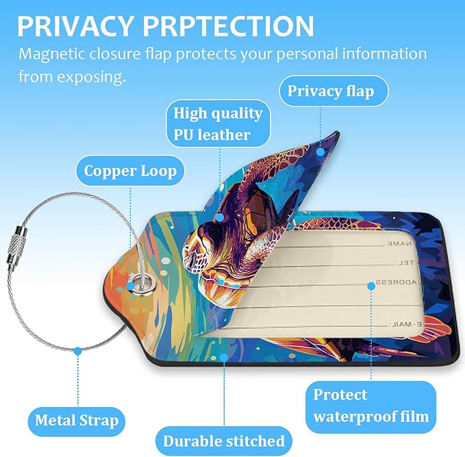 2 Pack Luggage Tag for Suitcase,Colorful Sea Turtle Luggage Tag with PU Leather Privacy Cover ID Label & Stainless Steel Loop for Women Men Travel Bag Suitcase