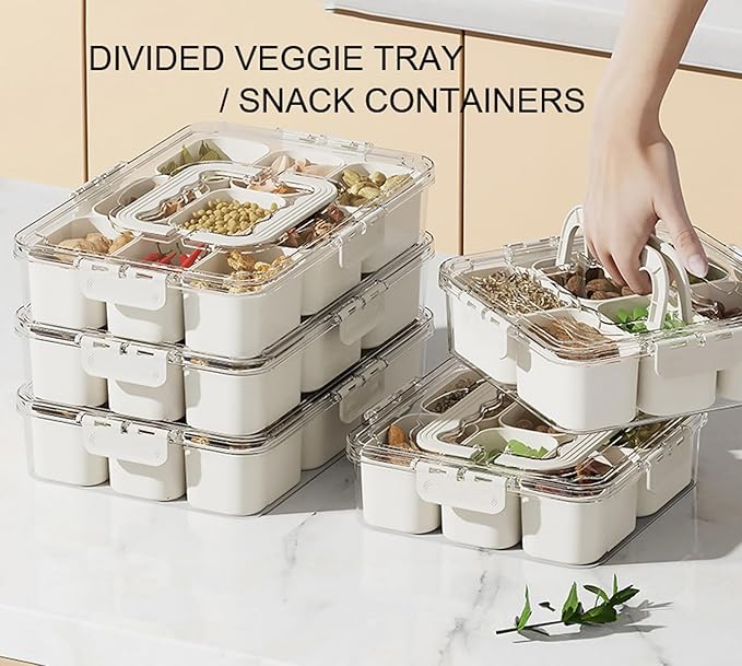 Divided Veggie Tray with Lid and Handle 6 Compartment Serving Tray with Dividers Portable Travel Snack Containers Stackable Snackle Box Charcuterie Container for Fruit,Vegetable,Salad (6 Containers)