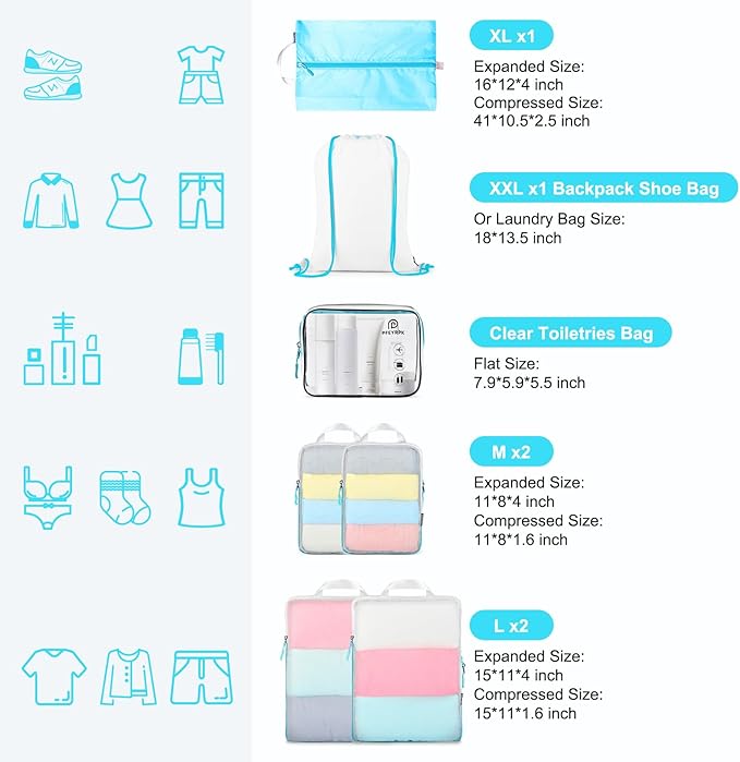 Lightweight Compression Packing Cubes for Suitcases, Compressible Expandable Travel Packing Organizer with Clear Toiletries and Backpack Bag, Travel Essentials for Carry on Luggage 7 Set