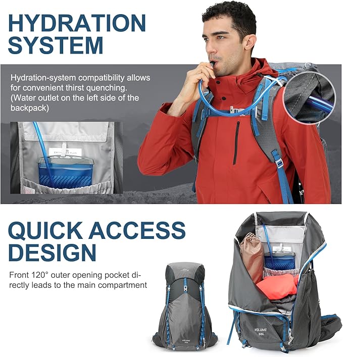 IX INOXTO 55L Internal Frame Waterproof Hiking Camping Backpack with 3L Water Bladder and Rain Cover, Large Lightweight Travel Daypack Rucksack for Climbing (Dark Gray)