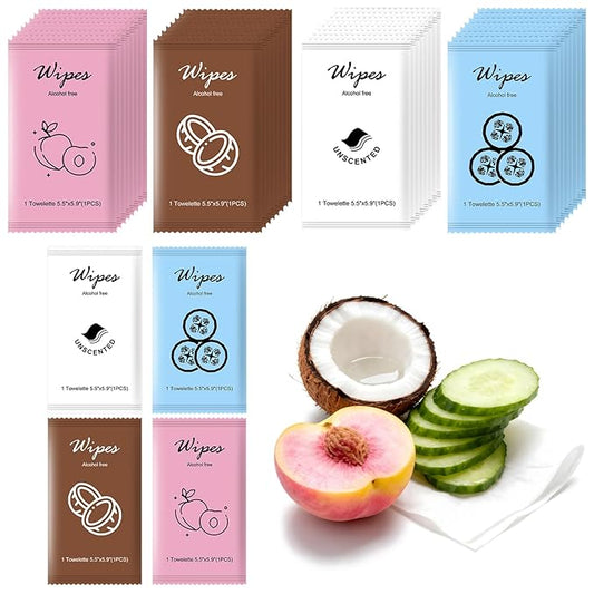 Individual Hand Wipes,Wet Wipes Individually Wrapped Bulk Cleansing Travel Size Wet Wipes for Wedding Travel Restaurant Barbecue(Cucumber, coconut, peach, and unscented,pack of 40)