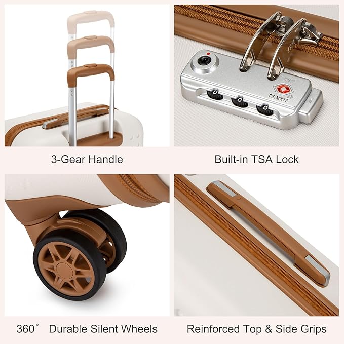 Kono 24 Inch Luggage Medium checked Lightweight Hardside Suitcase with Spinner Wheels & Built-in TSA Lock, Cream White