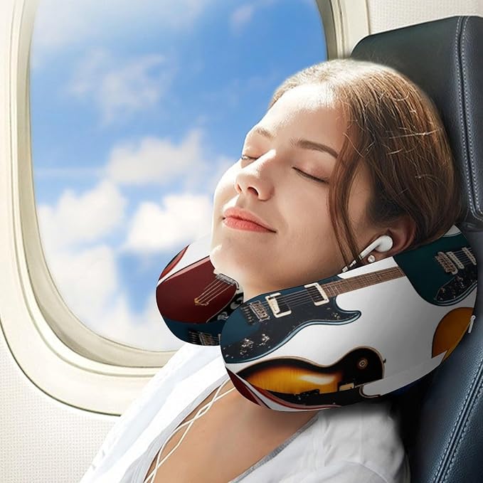 Memory Foam U-Shape Travel Pillow, Electric Guitar U-Shaped, Neck Support Compact for Airplane Bus Rest, Washable Cover Breathable