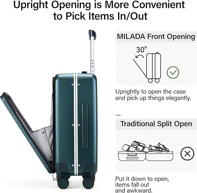 MILADA Carry On Luggage 22x14x9 Airline Approved Spinner Wheels TSA Luggage 20 Inch Hard Shell Suitcases Front Opening Pocket Rolling Aluminum Frame Travel Luggage, Blackish Green