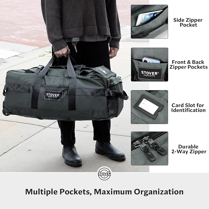 STOVER 80L Rolling Duffel Bag with Wheels, Large Durable Travel Duffle + Toiletry Bag, Heavy Duty, Packable, Foldable with Shoulder Straps- Use as Luggage or Backpack, Men/Women (Grey)