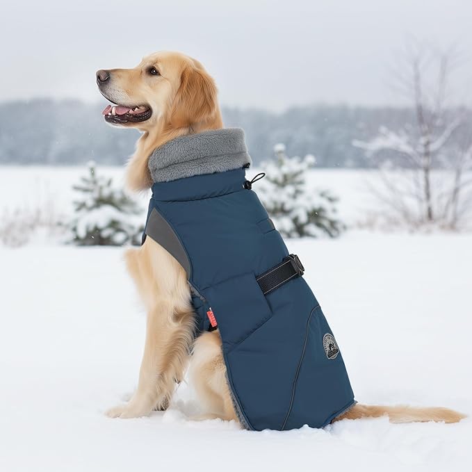 KYEESE Waterproof Dog Coat, Windproof Warm Winter Jacket with Thick Fleece Lined, Cozy Turtleneck Dog Coats for Large Dogs with Leash Hole, Reflective Outdoor Cold Weather Coat, Navy Blue, XXX-Large