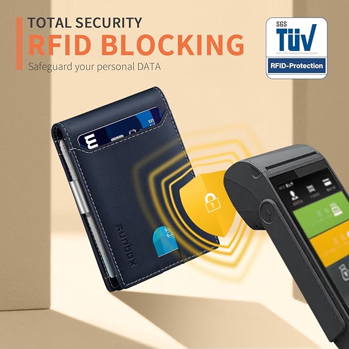 RUNBOX Slim Wallets for Men - Leather Money Clip Mens Wallet - RFID Blocking Front Pocket Bifold Wallet - Thin Credit Card Holder with Gift Box