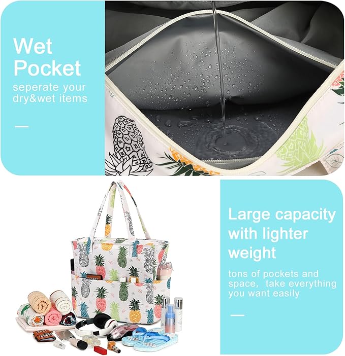 Bluboon Waterproof Beach Tote Pool Bags for Women Ladies Extra Large Carry On Bag With Wet Compartment for Weekender Travel