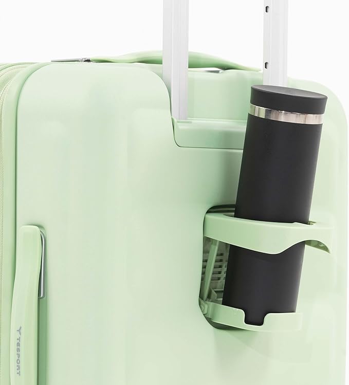Tesport 22in Hard Shell Carry-On Luggage with Spinner Wheels, Lightweight PC Expandable Carry-On Suitcase with TSA Lock, Built-in Cup Holder, Apple Green