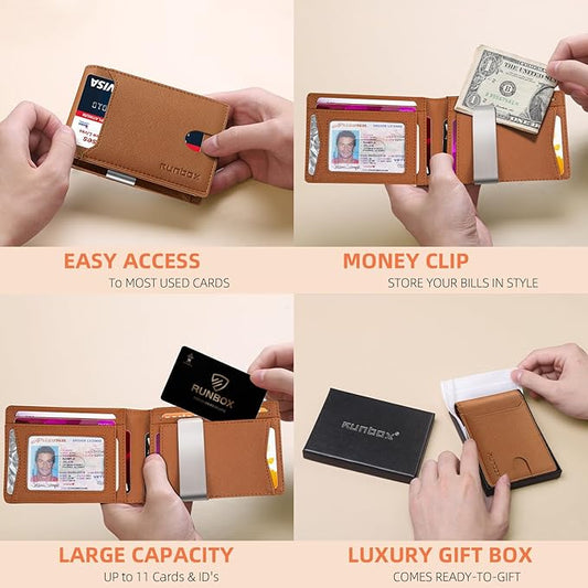 RUNBOX Slim Wallets for Men - Leather Money Clip Mens Wallet - RFID Blocking Front Pocket Bifold Wallet - Thin Credit Card Holder with Gift Box