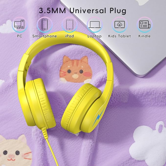 Kids Headphones, Wired Headphones for Kids Over Ear with Microphone, 85/94dB Volume Limiter Headphone for Girls Boys, Foldable Headphone for Learning & Entertainment, Yellow
