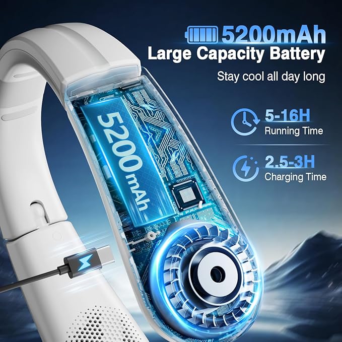 Portable Neck Fan - 8400 RPM Enlarged Turbo Airflow - 5200mAh Personal Rechargeable Cooling Wearable Fan - Max 16H, 4 Speeds, Foldable, LED Display - Great Gifts for Men Women - 2nd Gen White