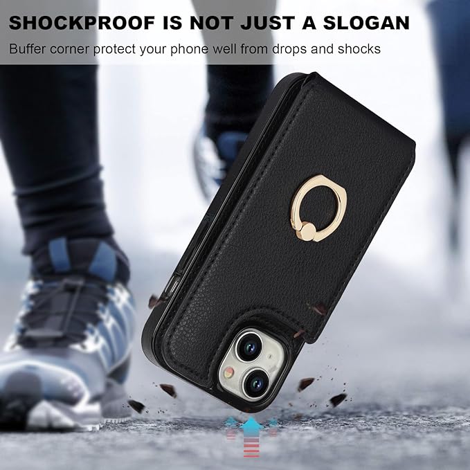 Folosu Compatible with iPhone 15 Case Wallet with Card Holder, 360°Rotation Finger Ring Holder Kickstand, RFID Blocking Leather Protective Double Buttons Shockproof Cover 6.1 Inch (Black)
