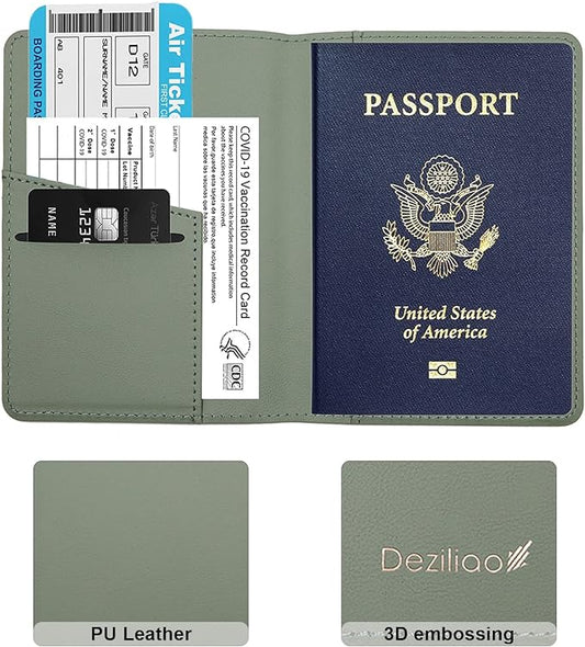 Deziliao Passport Holder,Passport Holder Card Slots, Passport and Vaccine Card Holder Combo, Cute Passport cover for Women and Men, with Waterproof Rfid Blocking, Passport Travel Wallet(Moss green)