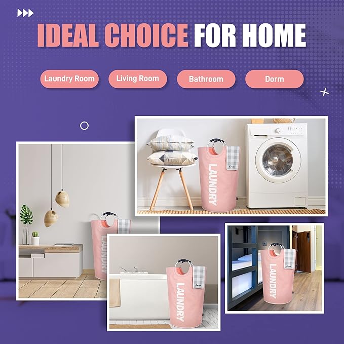 Caroeas 95L Pro Large Laundry Basket (13 Colors), Waterproof Laundry Hamper, Laundry Bag with Padded Handles, Clothes Hamper Stands Up Well, Collapsible Laundry Basket Easy Storage (Pink)