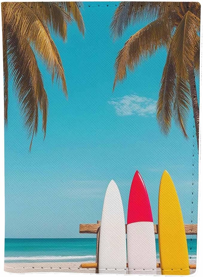 Holiday Beach Passport Holder for Travel Surfboard and Palm Tree PU Leather Passport Cover Wallet Cute Passport Card Holder for Women and Men