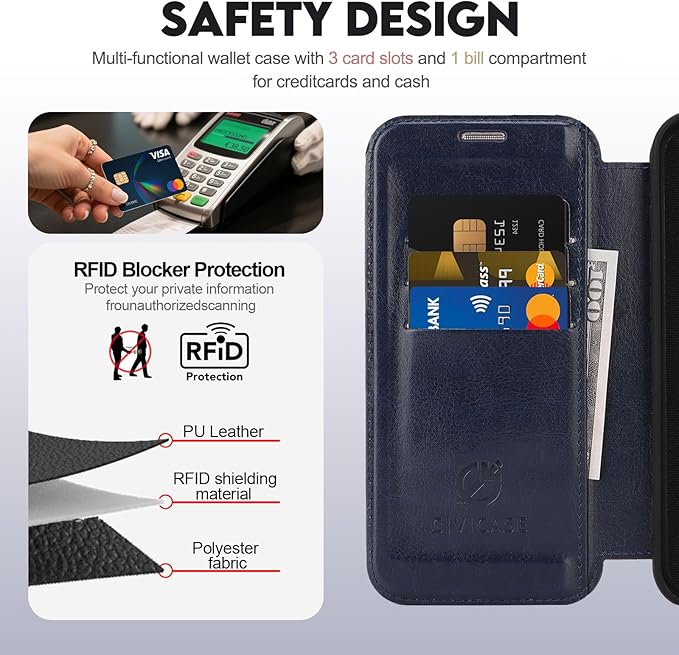 CIVICASE for iPhone 16 Pro Wallet Case with Stand,PU Leather Flip Credit Card Holder Slots (RFID Blocking),Compatible with Magsafe Magnetic Holder Phone Cover Women Men,Blue
